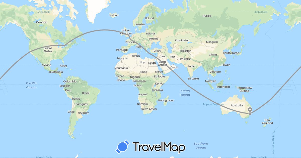 TravelMap itinerary: driving, plane in Australia, Canada, Fiji, France, United Kingdom, Greece, Maldives, United States (Asia, Europe, North America, Oceania)